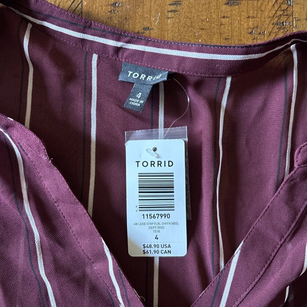 Torrid Burgundy Striped Long Blouse Sheer Size 4 Tunic - Picture 3 of 6